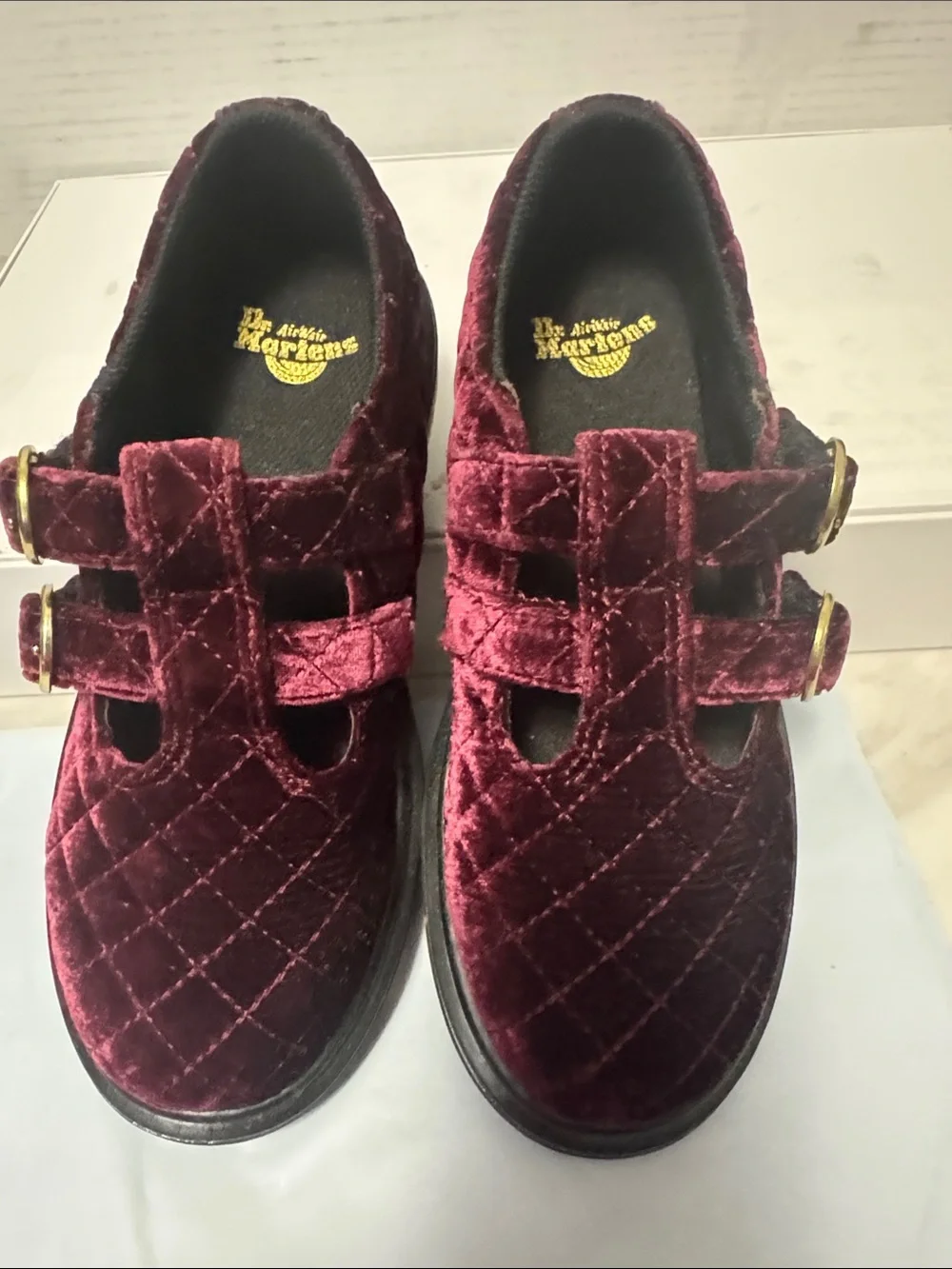 Dr. Martens Kids Quilted Burgundy Velvet Double-Strap Mary Janes